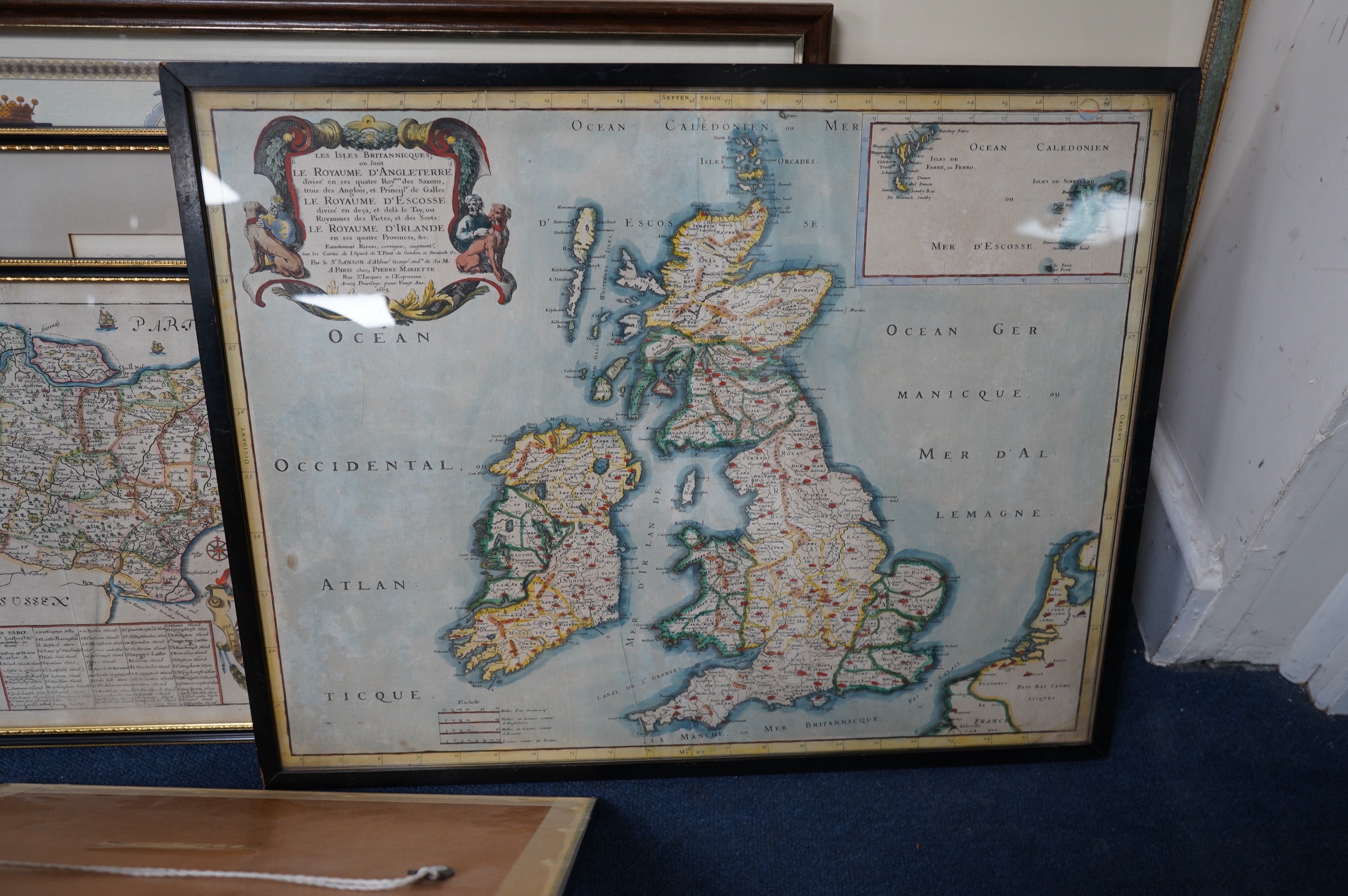 A collection of nine antique and later maps including The Bishoprick and Citie of Durham, after Pierre Marionette, The British Isles and after Tom Kitchin, Africa from the best authorities and after Richard Blome, map of